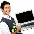 happy guy showing laptop
