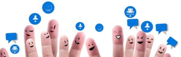 Social network concept of Happy group of finger faces with speech bubbles